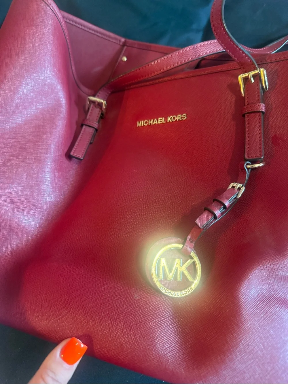 Michael Kors Red Saffiano Leather Tote with Gold Hardware
